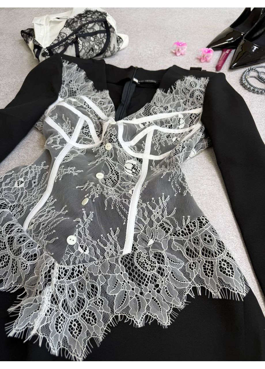 Черное праздничный, вечернее платье-пиджак с глубоким декольте и кружевом платье-жакет MonCher