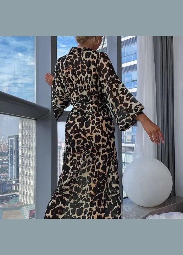 Довгий жіночий шовковий халат на запах з леопардовим принтом Ghazel (342059559)