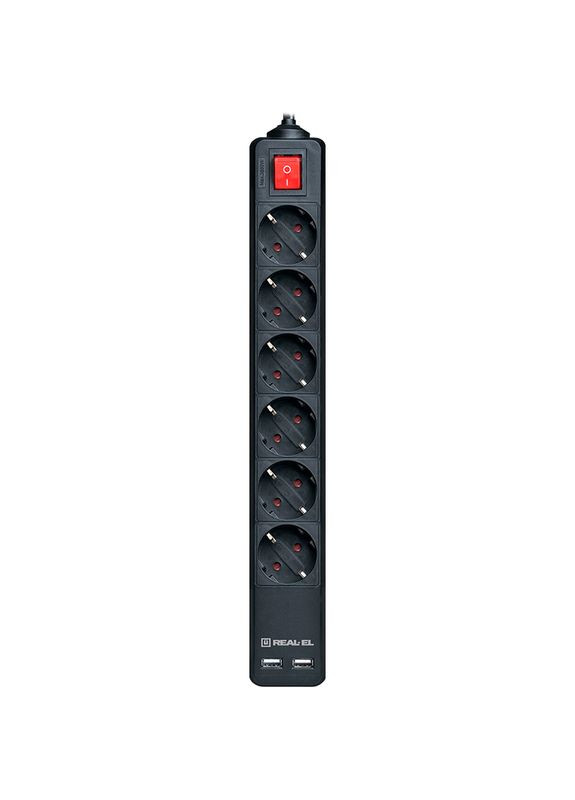 Сетевой фильтр RS-6 Protect 6 розеток + 2xUSB 5м 16А 3х1.5мм2 Black (EL122300018) Real-El (323129793)
