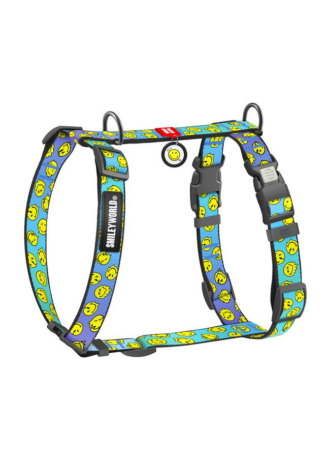 Шлея для собак Nylon з QR-паспортом, малюнок "Смайли на блакитному", S, Ш 15 мм, A 30-45 см, B 36-45 см WAUDOG (333654036)