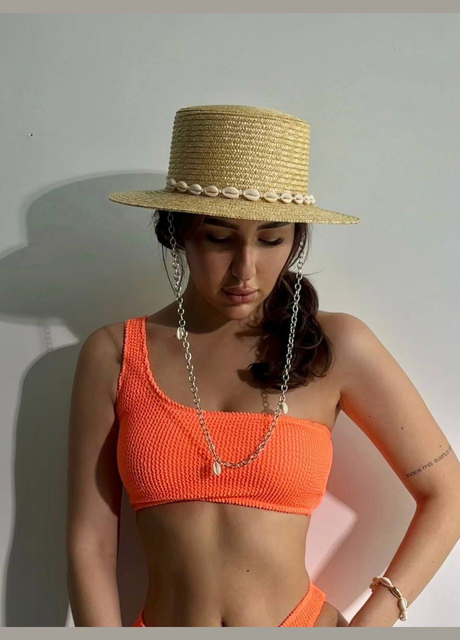 Літній солом'яний капелюх канотьє з ланцюгом та мушлями PALMA (поля 7 см, срібло) No Brand (293943133)