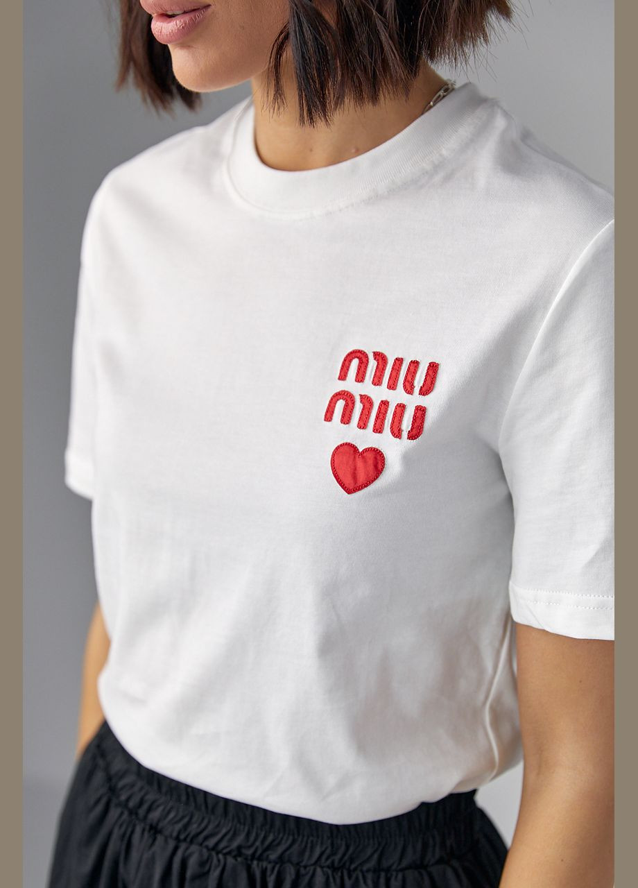 Молочна літня трикотажна жіноча футболка з написом miu miu 122345 з коротким рукавом Lurex