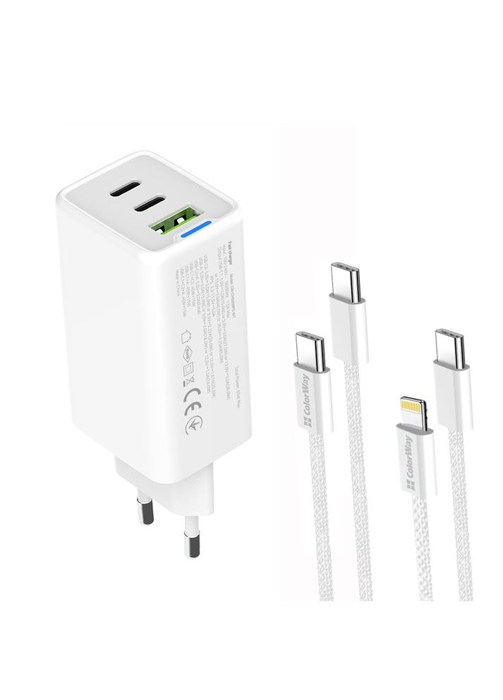 Мережевий зарядний пристрій GaN Mini 65W PD Port PPS USB (USB-2C1A) White (CW-CHS058PDCL-WT) + кабель Type-C&Lightning Colorway (336958654)