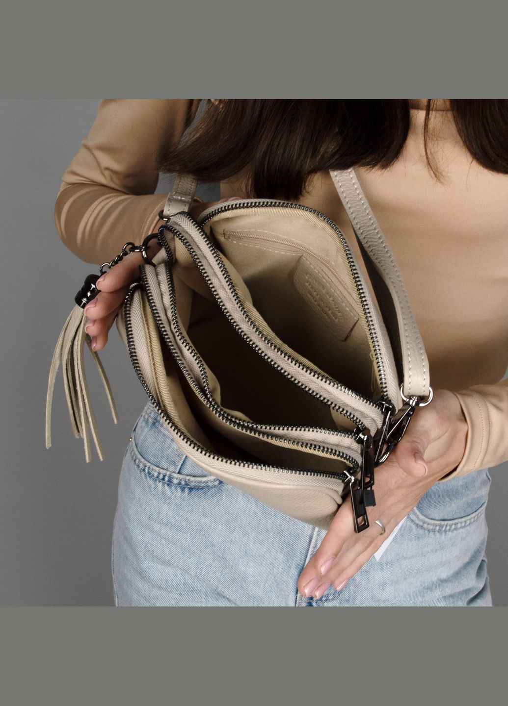 Сумка женская кожаная кросбоди на 3 отделения 03106 капучино Virginia Conti (325666563)