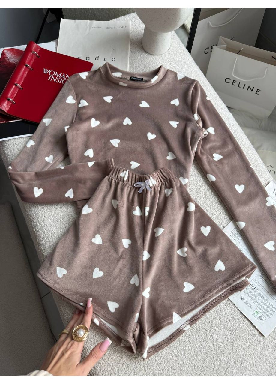 Светло-коричневая всесезон пижамка из плюшевого велюра — замеры в описании свитшот + шорты GD/GL Модний простір