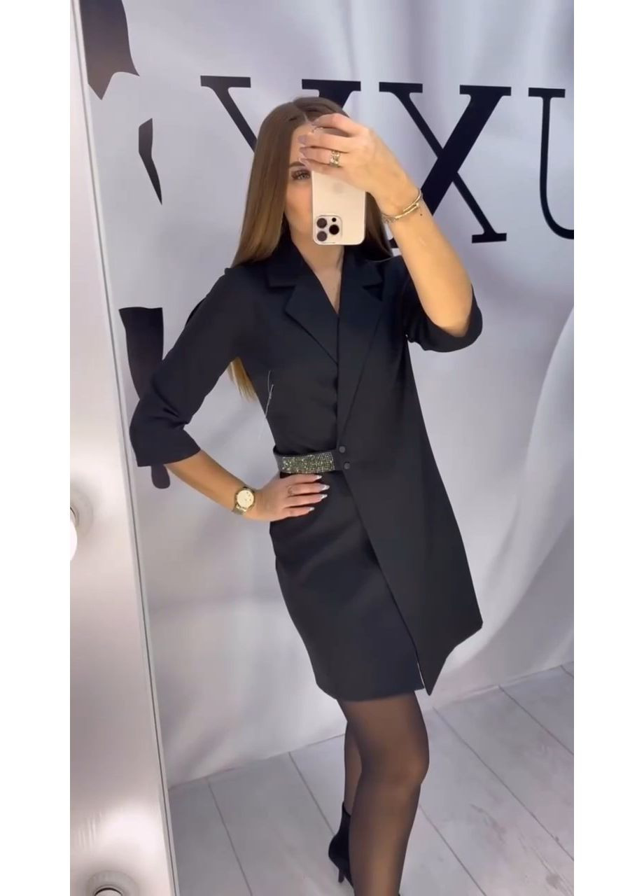 Черное праздничный, вечернее женское платье-жакет с блестящим поясом на запах MonCher