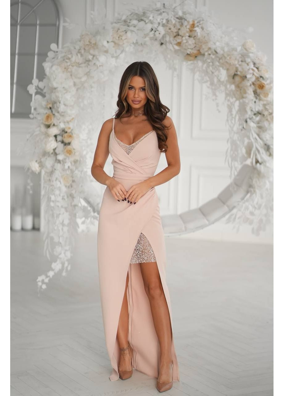 Бежева святковий, вечірня жіноча сукня максі із вставкою з блискучого мережива MonCher