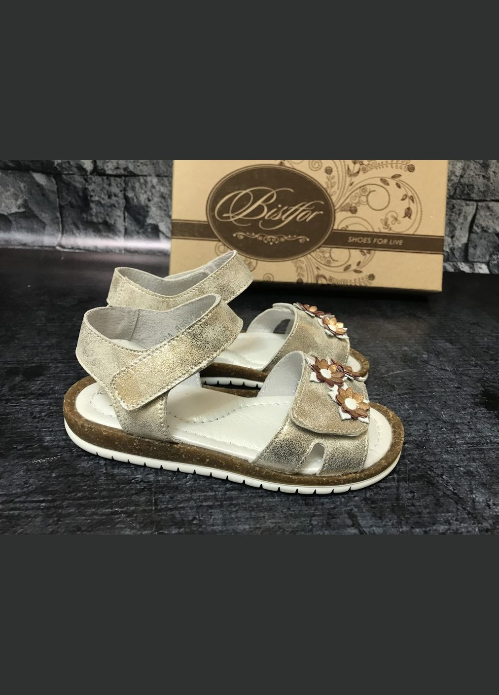 Шкіряні срібно-золотисті босоніжки на липучці,, Україна Bistfor Босоніжки (338622823)