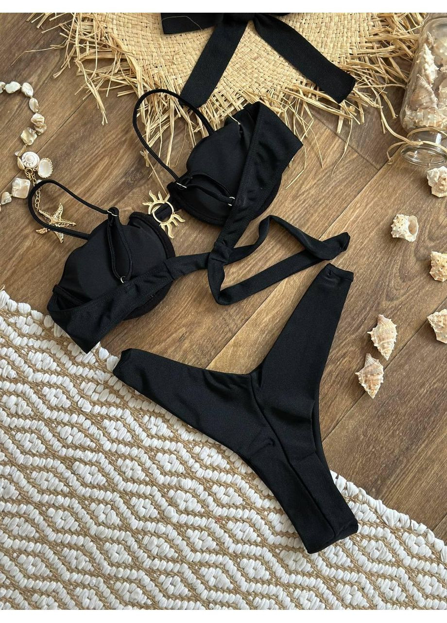 Чорний літній жіночий роздільний купальник з твердою чашкою / жіночий бікіні чорний з формованим бюстом / жіночий купальник чорний No Brand