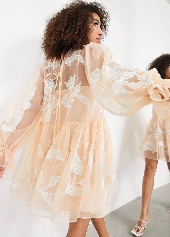 Бежева сукня міні пишна з вишивкою із органзи Asos