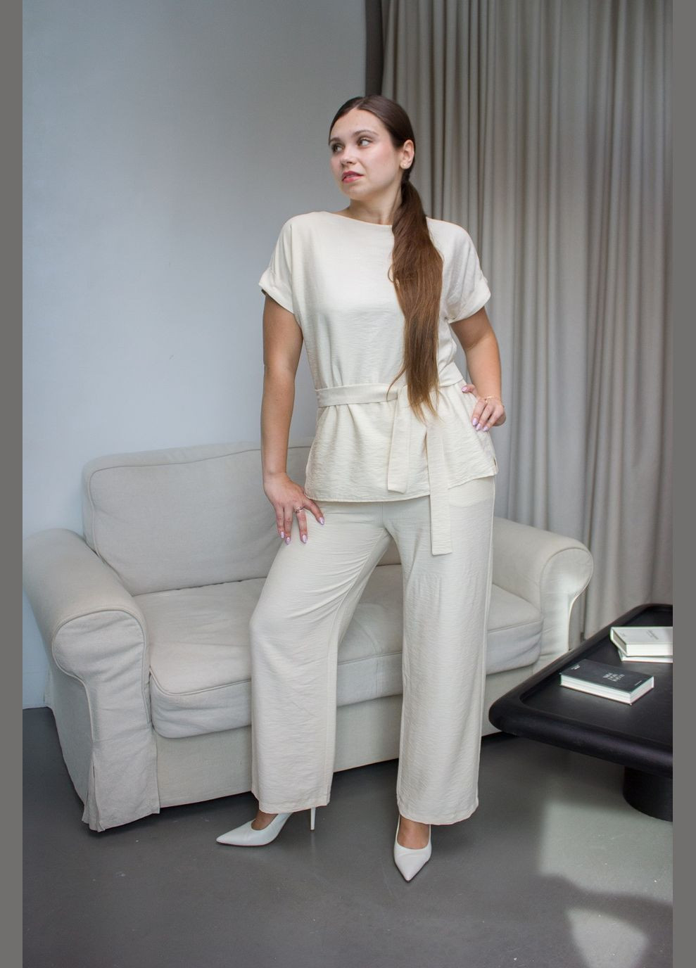 Костюм двійка базовий жіночий 0541 льон жатка світло-бежевий Актуаль (297157613)