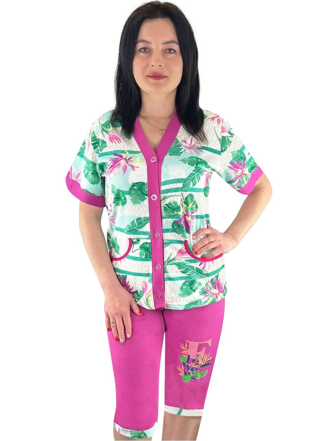 Розовая всесезон пижама на пуговицах интерлок рубашка + шорты Жемчужина стилей 4113