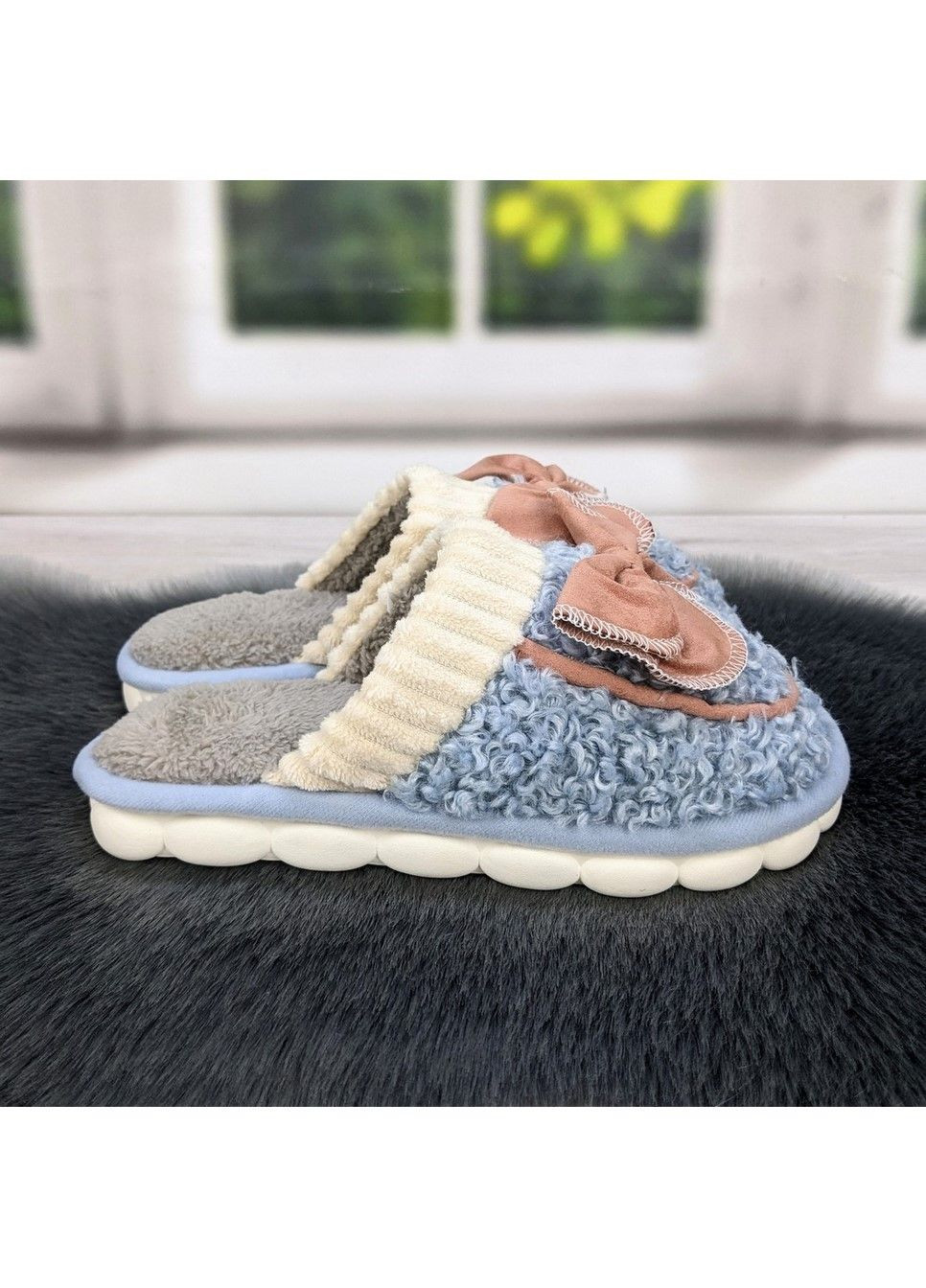 Голубые тапочки женские домашние меховые с бантиком Fashion