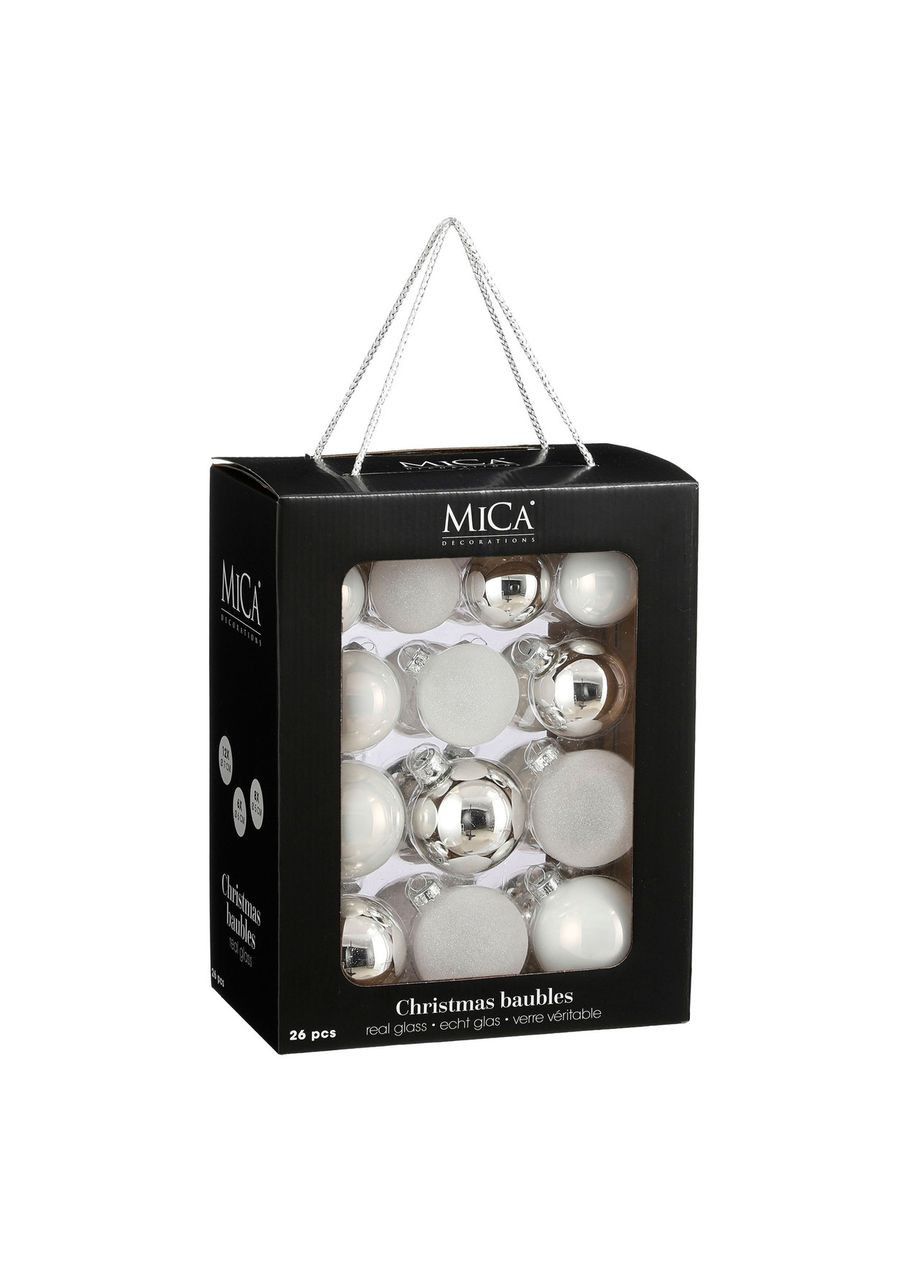 Елочные стеклянные шары компл.26 шт, Ø 7/6/5 см, белые MICA Decorations (366082232)