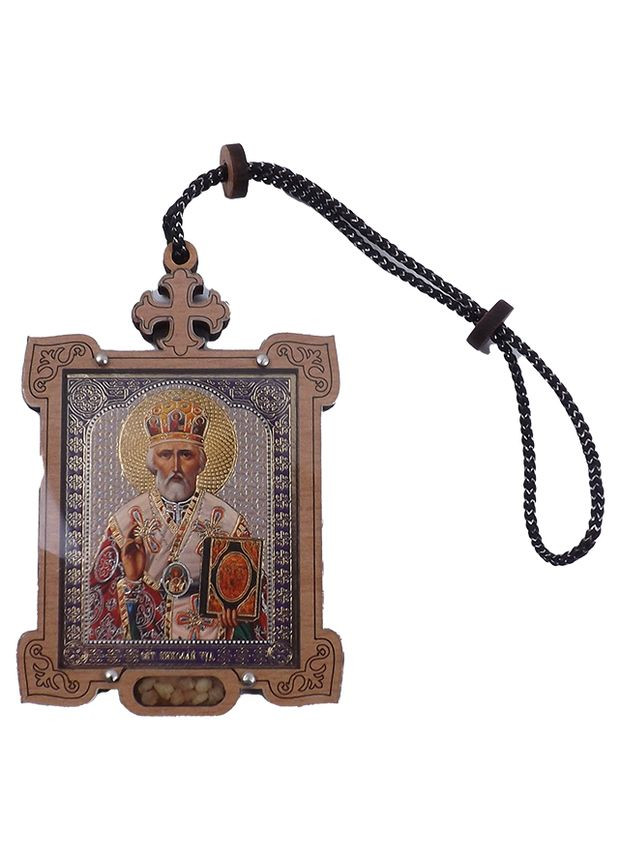 Икона оберег на нитке на зеркало заднего вида Николай Чудотворец квадрат дерево+ладан (5,6*6,5см) No Brand (354756432)