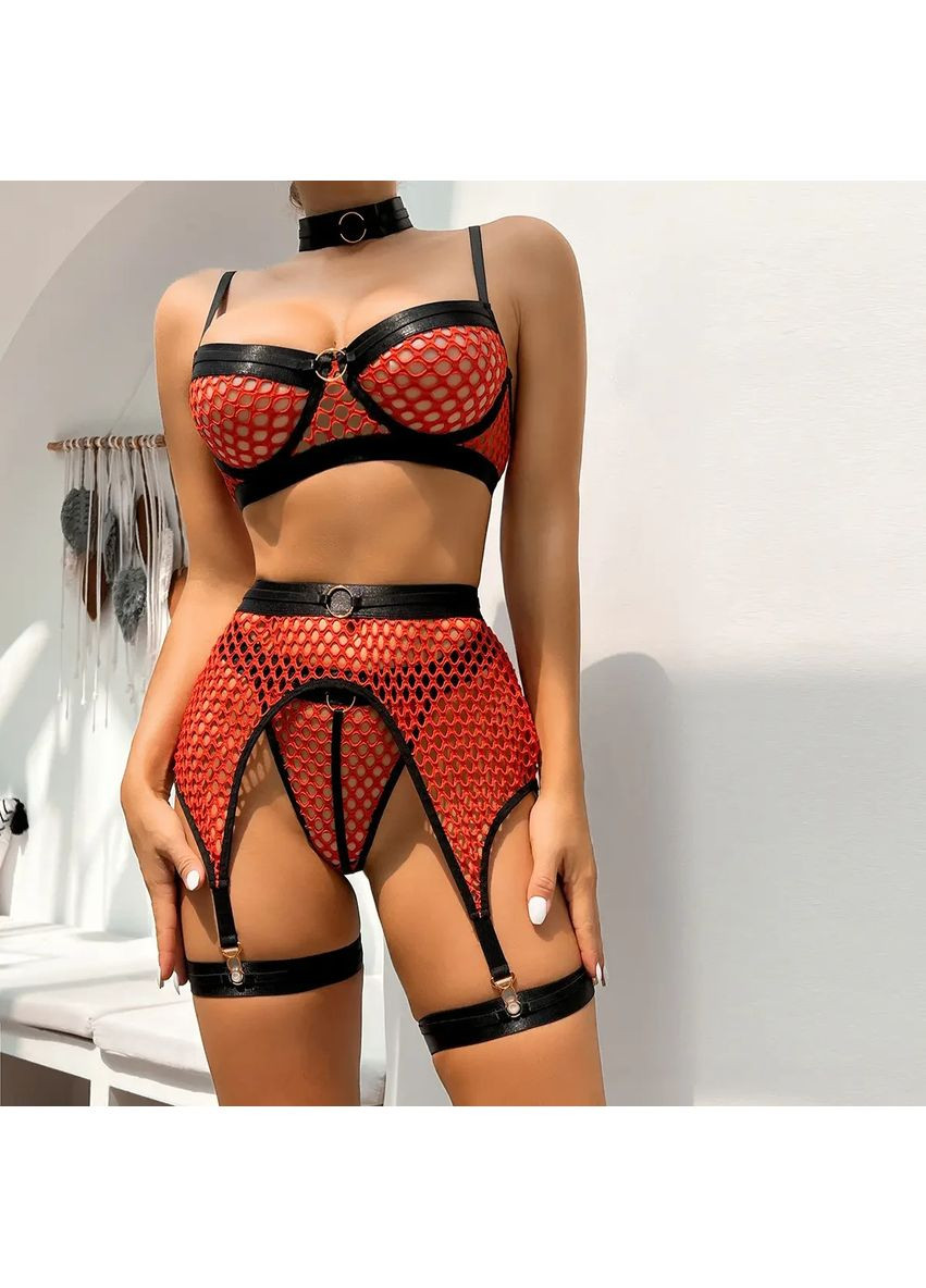 Красный демисезонный кружевной комплект с поясом. женское нижнее белье сексуальный комплект с поясом No Brand