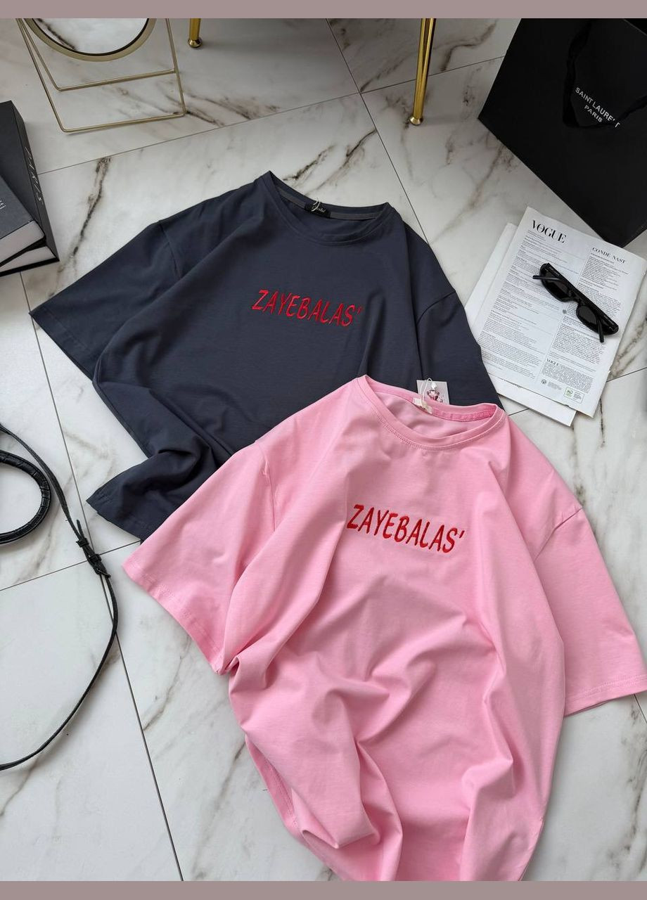 Повсякденна рожева футболка з актуальною вишивкою на грудях, вільна футболка No Brand 1222-2 - (338187749)