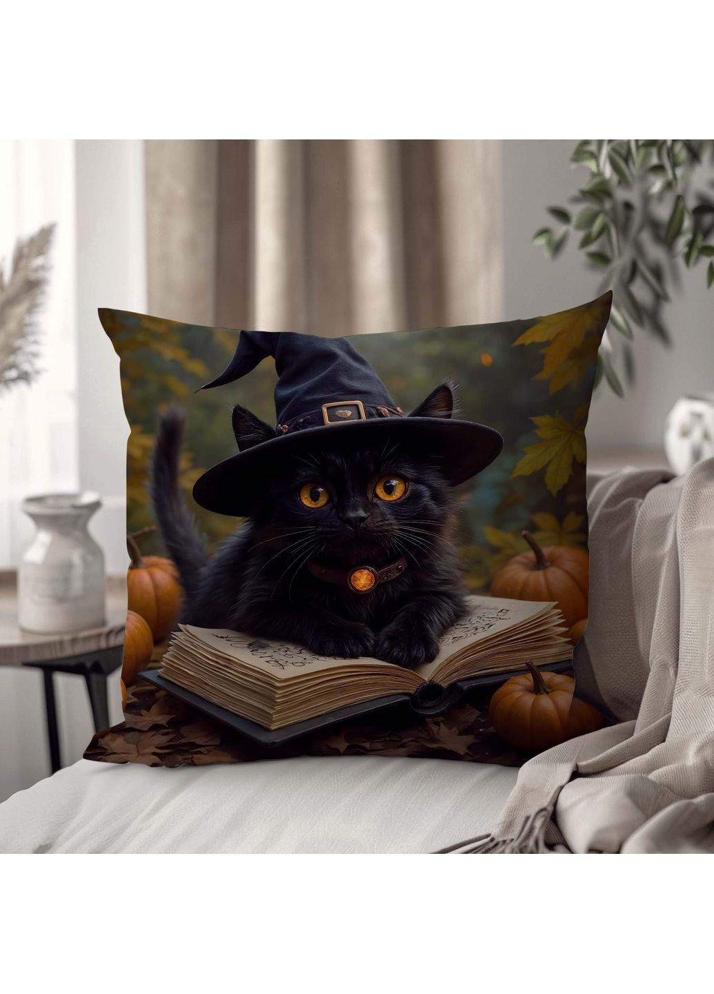 Декоративна подушка «Чорна кішка на Гелловін» з гарбузами 45×45 см 1322645UA WONKEY (362732371)