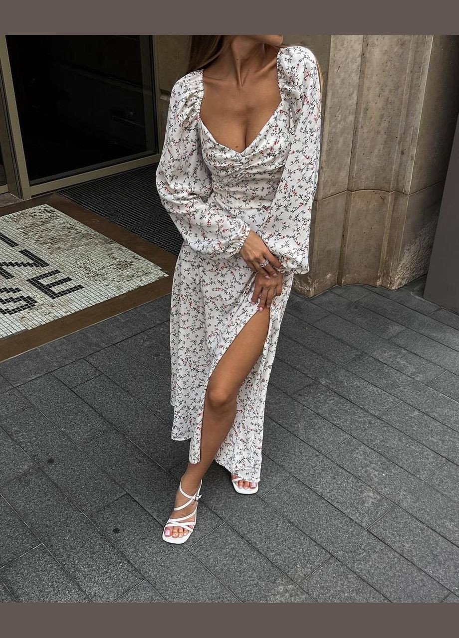 Молочна сукня міді в квіточку молочного кольору 33803 а-силует Fashion з квітковим принтом