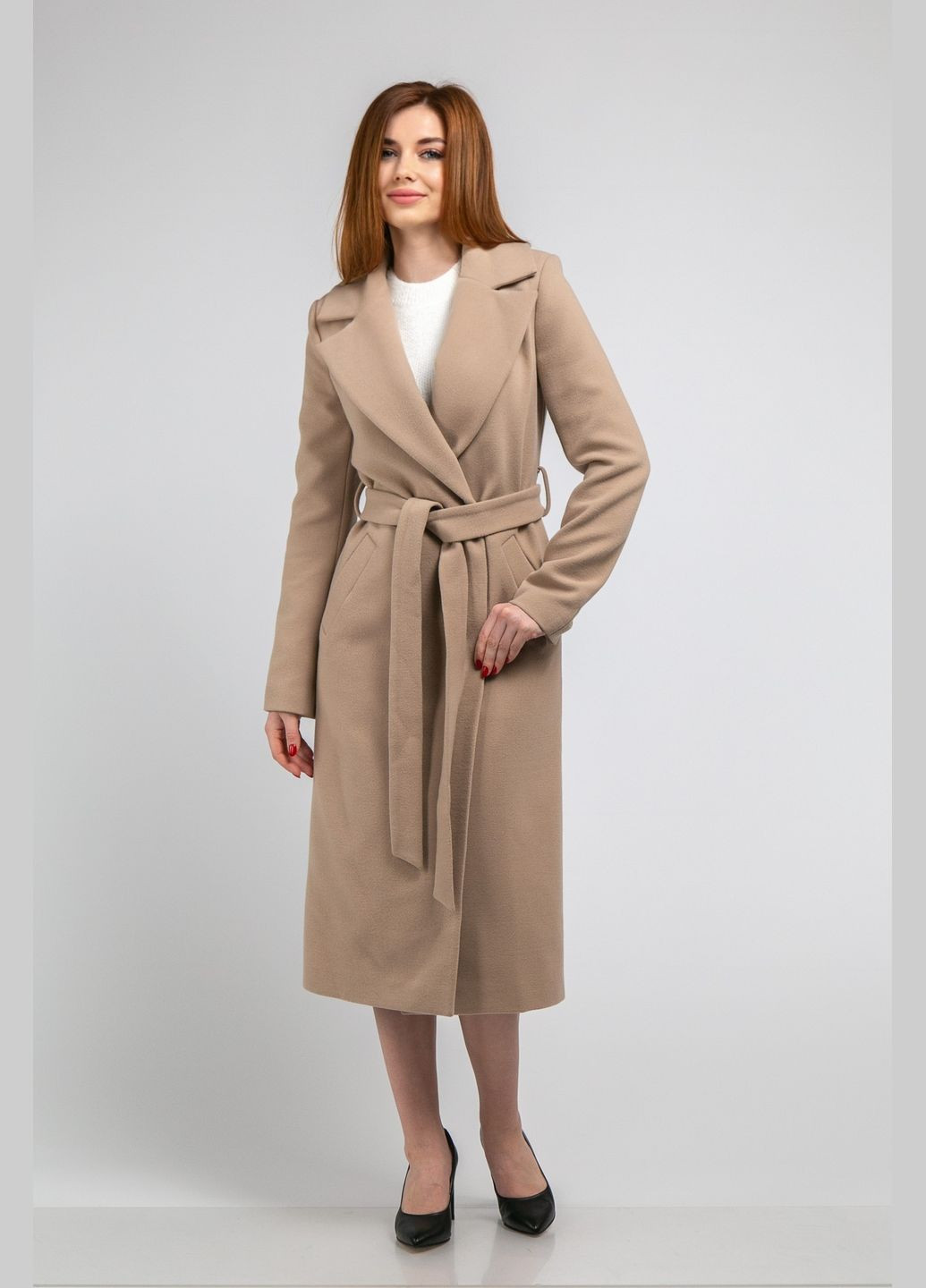 Бежевое демисезонное Светлое осеннее пальто под пояс из кашемира бежевого цвета CHICLY
