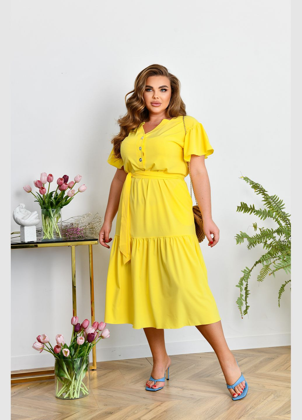 Жовтий повсякденний сукня-сорочка з поясом сорочка No Brand однотонна