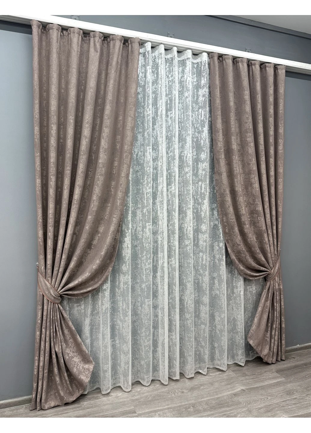 Комплект штор Жаккард Мрамор 200х270 2шт и Тюль 500х270 1669ш-1400т Какао с белым 71-008/6 VR-Textil (337647932)