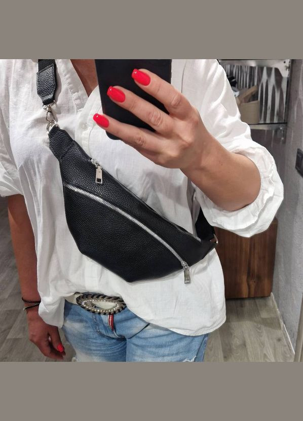 Черная женская кожаная нагрудная поясная сумка бананка через плечо на молнии Serebro (306642368)