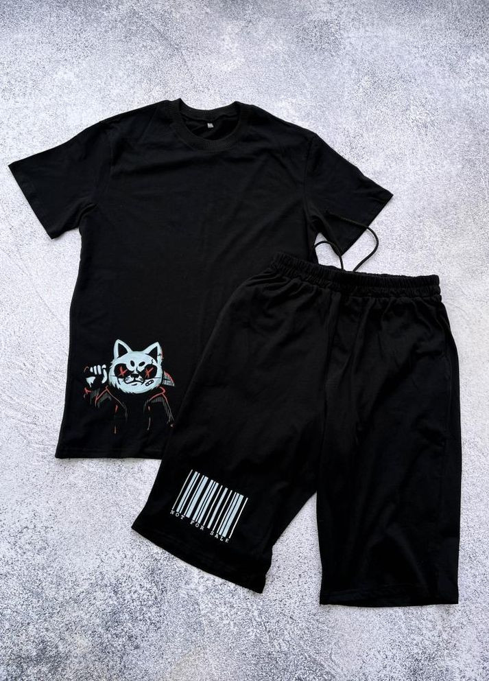 Чорний чоловічий літній костюм з котиком футболка шорти No Brand (293818486)