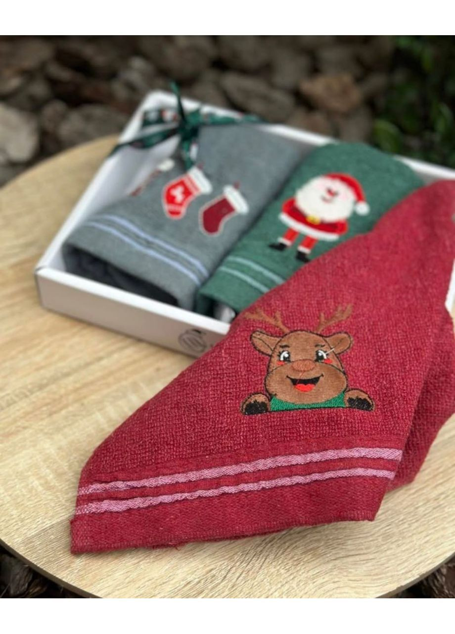 Махровые полотенца 25х50 см. - набор 3шт. в коробке + подарочная сумка SOVA текстиль новогодний комбинированный