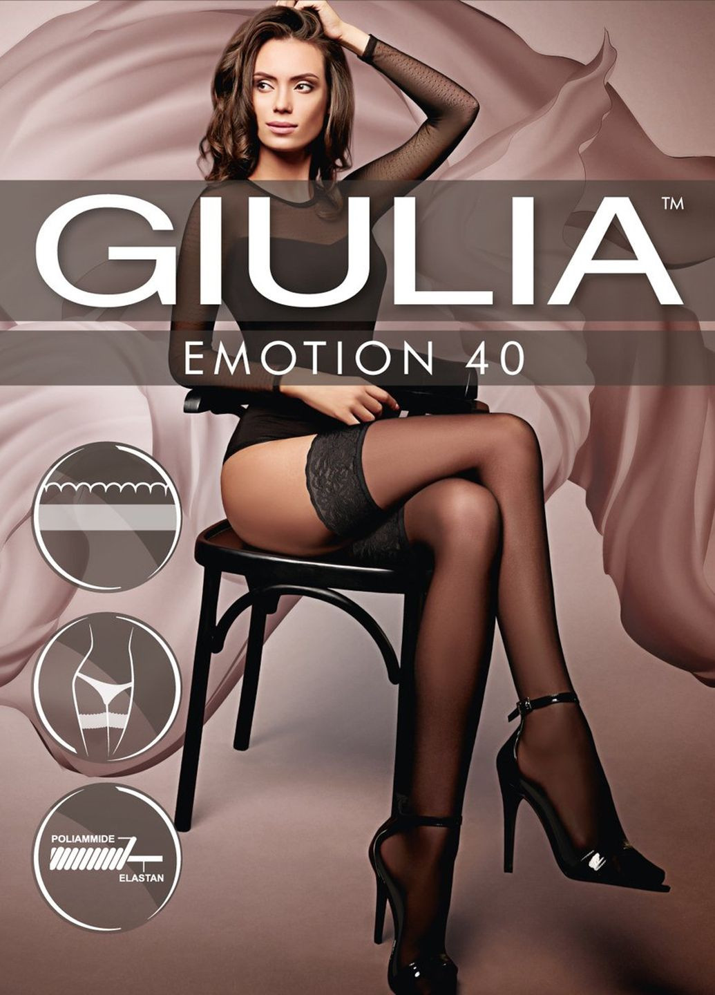 Чулки с самоудерживающимся кружевом Emotion 40 den nero (черный) р.5/6 Giulia (282960096)