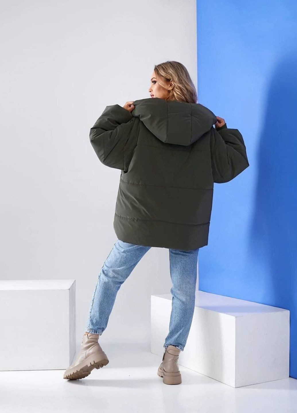 Оливковая (хаки) демисезонная объемная теплая куртка No Brand