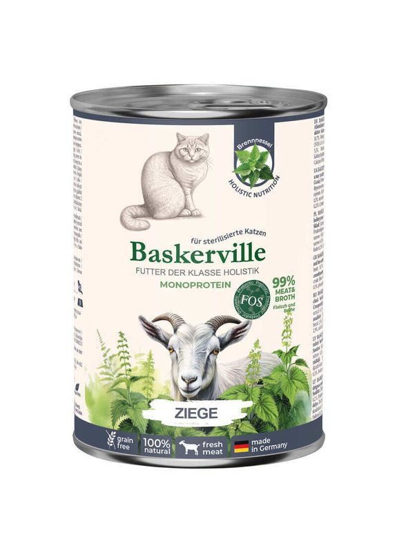 FOS Monoprotein - Монопретеиновый консервированный корм с мясом козы и крапивой для стерилизованных и малоподвижных кошек - 400 г Baskerville (370268952)