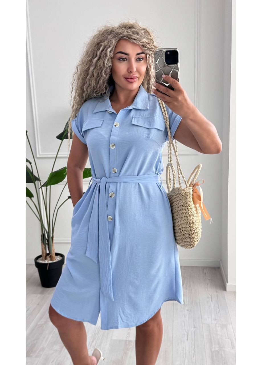 Голубое платье американский креп жатка на пуговицах с карманами и поясом Україна