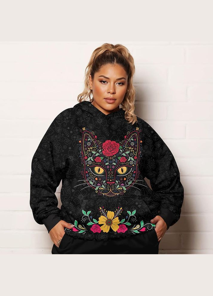 Жіноче худі батал з принтом кіт в астралі Яскраво (323652189)