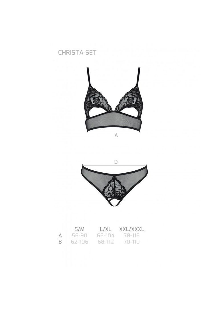 Чорний демісезонний комплект із бралету з ажурним ліфом та відкритими трусиками christa set open bra s/m black Passion