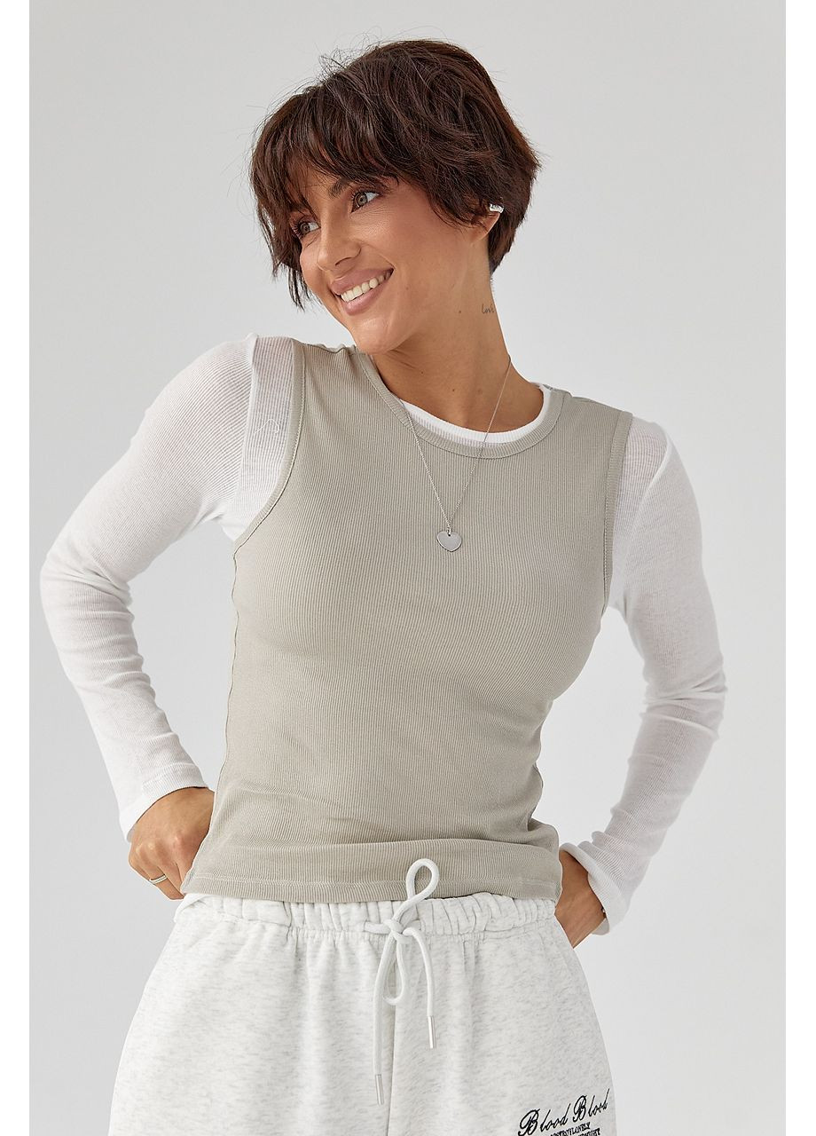 Двухслойный лонгслив в рубчик с имитацией жилетки - серый цвет Lurex (364967725)