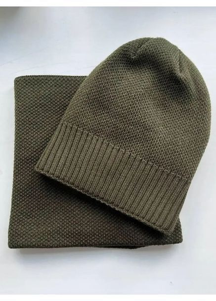 Чоловічий зимовий комплект шапка-хомут хакі, в’язаний набір 56–60 см з акрилу на подвійній флісовій підкладці No Brand (363052223)