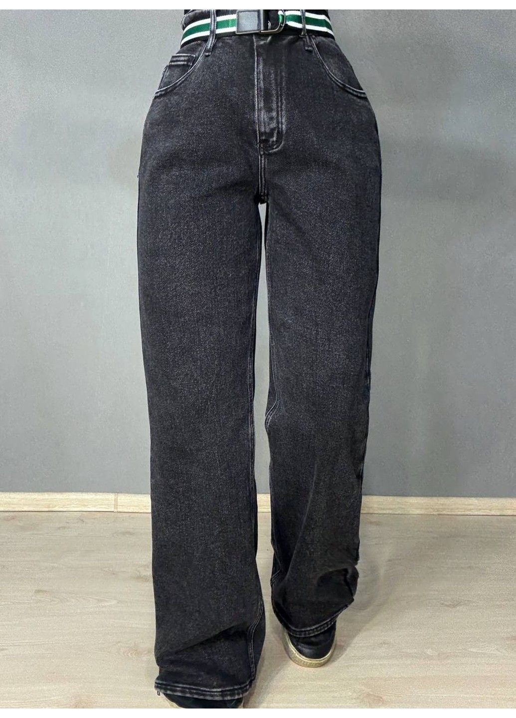 Джинси жіночі 8210 утеплені палаццо на флісі з ременем чорні Derun - (365574404)