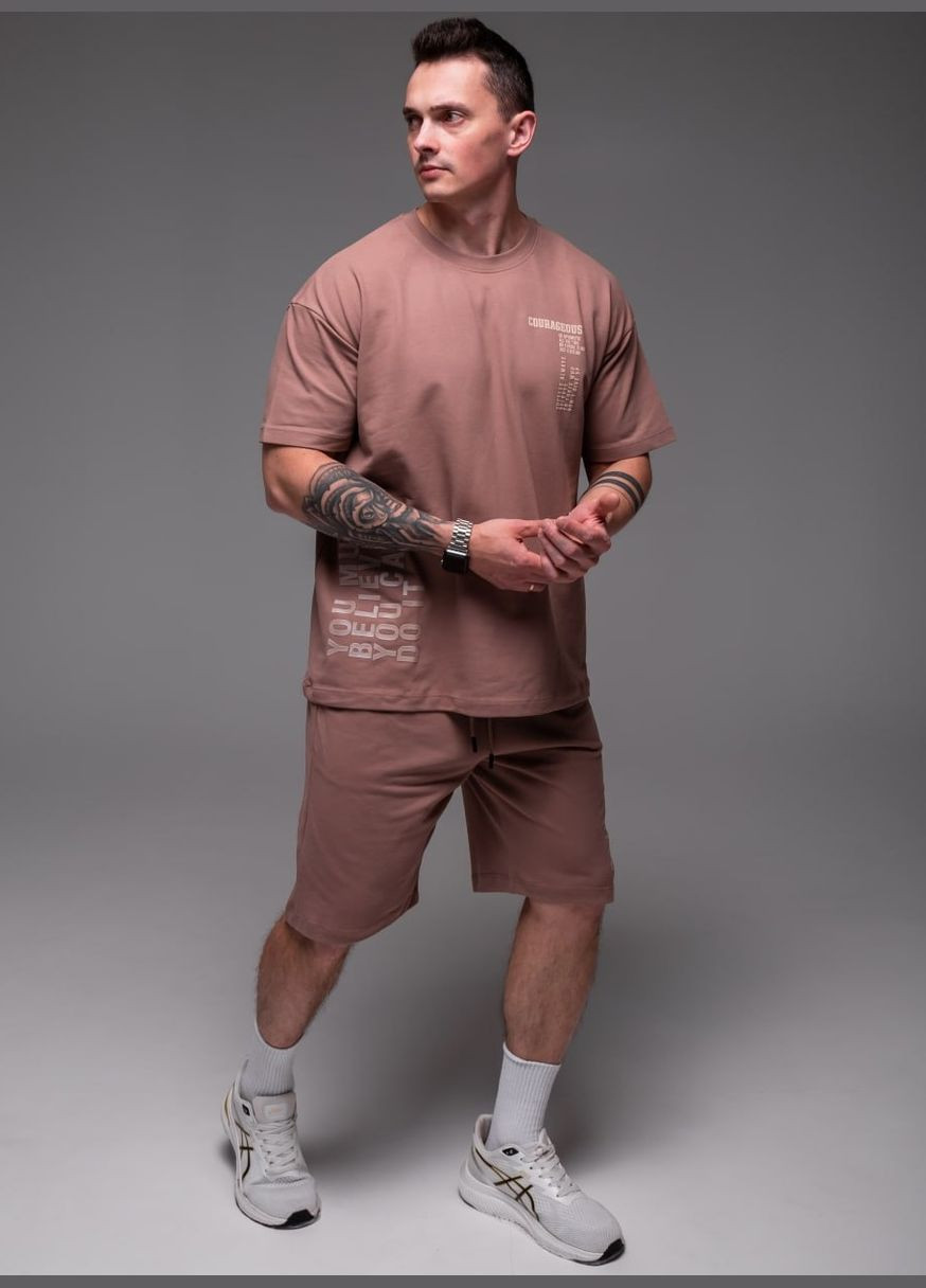 Кофейный демисезонный мужской oversize костюм oversize прочная дышащая ткань хлопок 100% ( лакоста ) No Brand