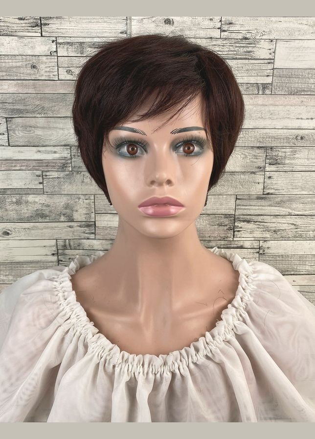 Перука темно-каштанова з натурального волосся коротка стрижка No Brand 4921 (315779994)