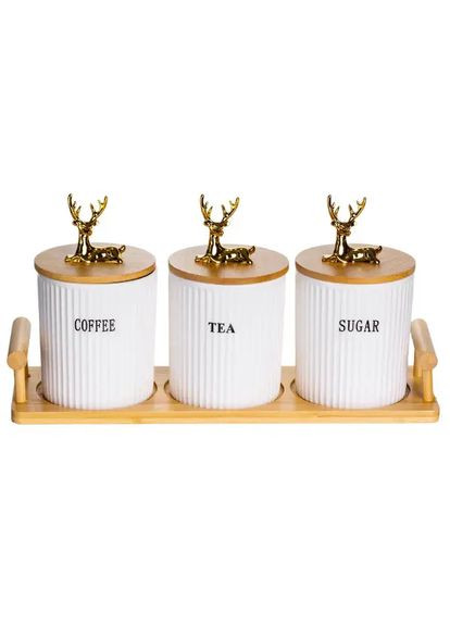 Набір фарфорових банок 3 шт. 400 мл для зберігання чаю кави цукру з бамбуковою підставкою контейнери для сипучих продуктів Yiwu (370432330)