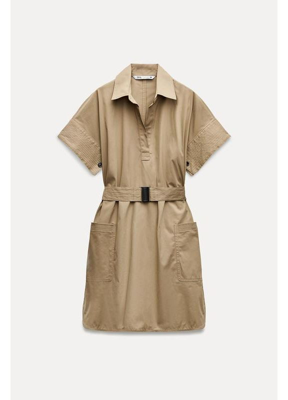 Бежевое короткое платье-рубашка с ремнём Zara