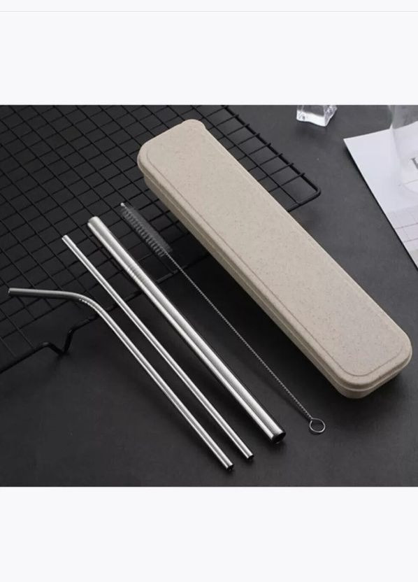 Металлические трубочки для напитков 3 шт + 1 щеточка + чехол, Эко-набор из нержавеющей стали многоразовый Unbranded (341288585)