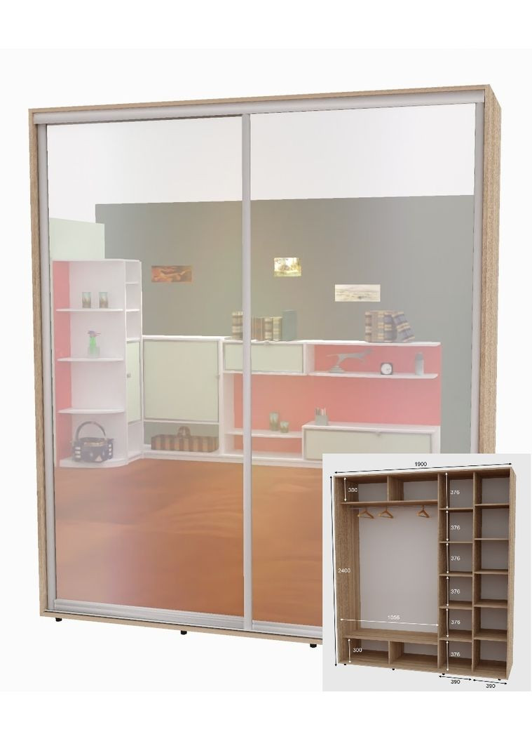 Шафа-купе дводверна 200*60*220 см Дуб Сонома 2 двері Дзеркало Алекса (356773137)