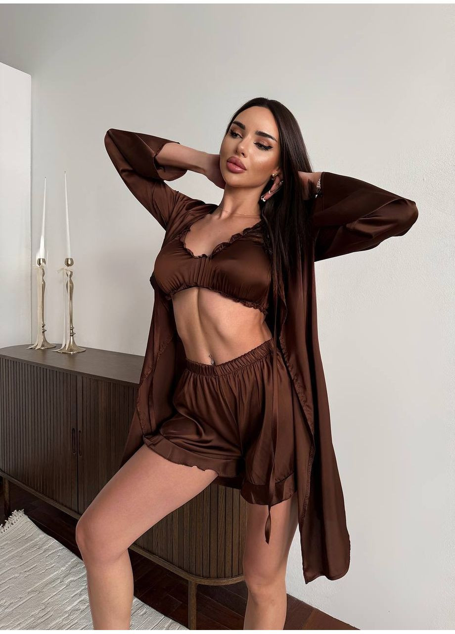 Темно-коричневая всесезон женская пижама тройка FINO Mode