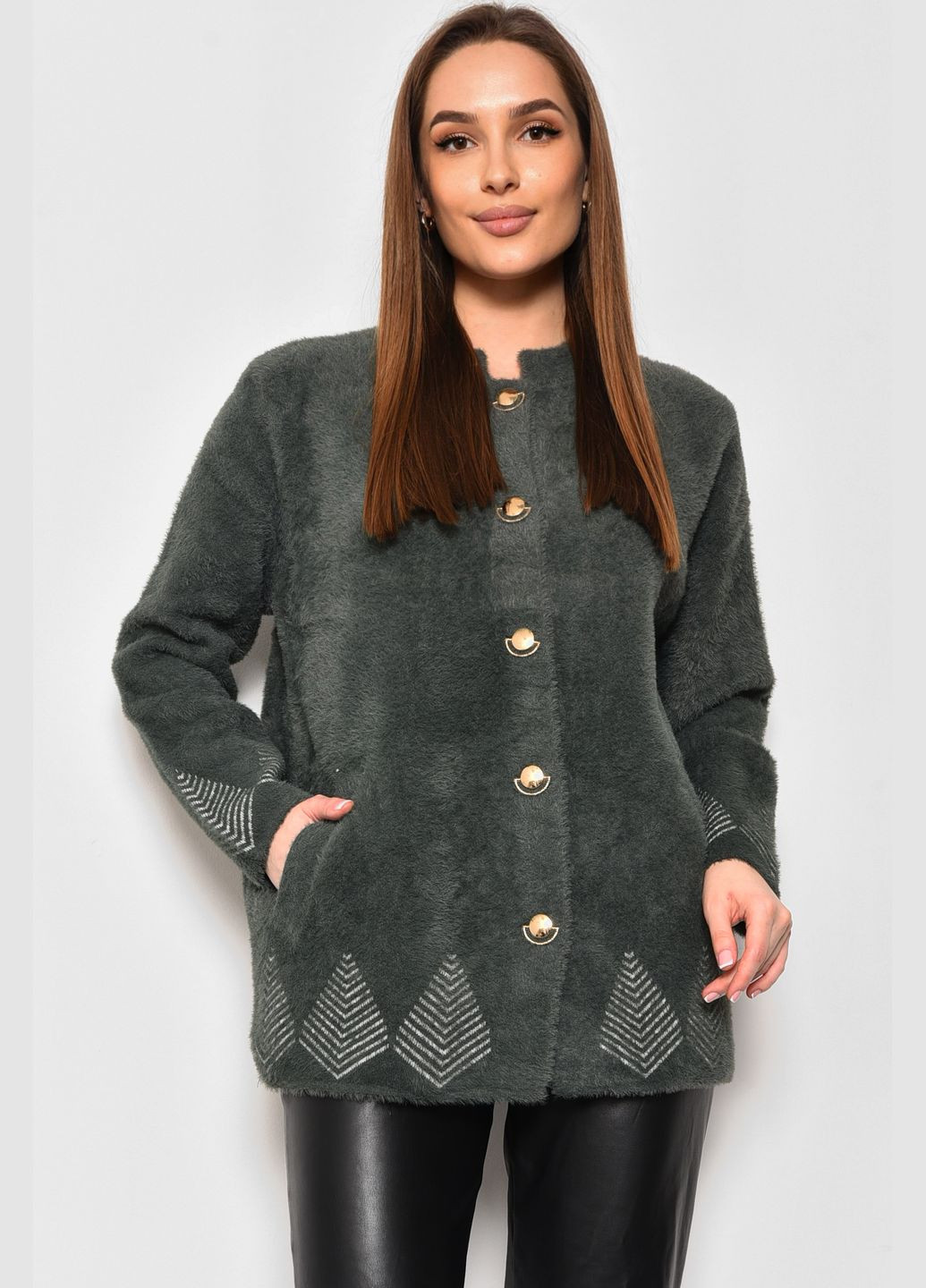 Оливковий (хакі) демісезонний кардиган жіночий альпака кольору хакі пуловер Let's Shop