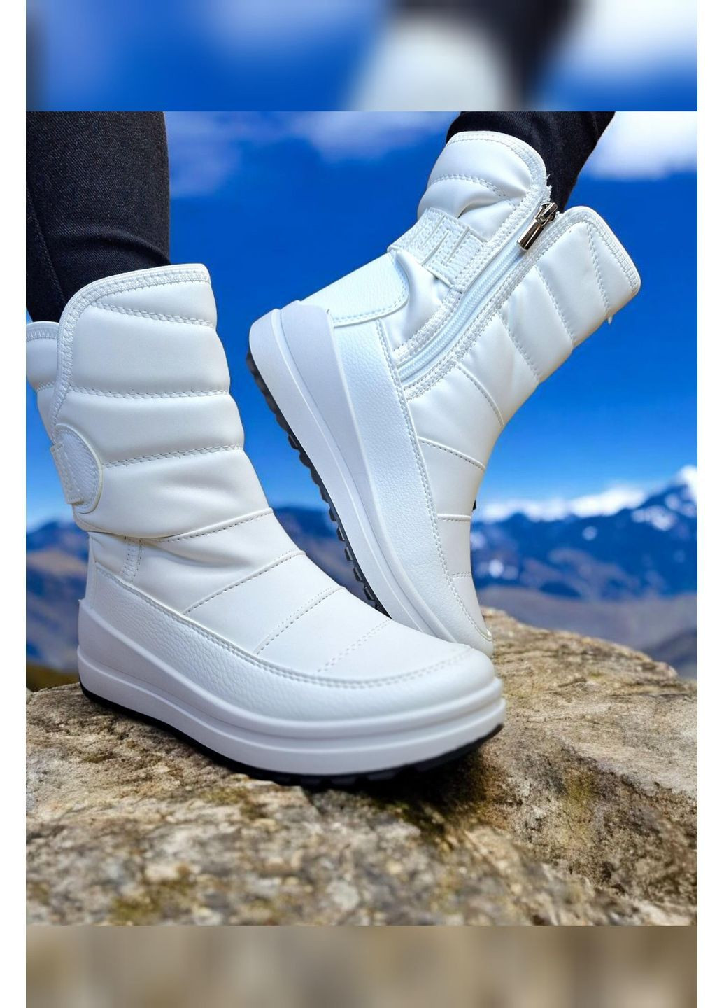 Білі зимові жіночі черевики на хутрі теплі з блискавкою Progress Дутики (366290172)