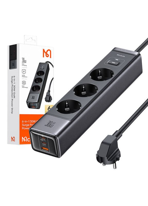 Сетевой фильтр 6in-1 30W GaN Surge Protection Power Strip (EU) Black McDodo (315137154)