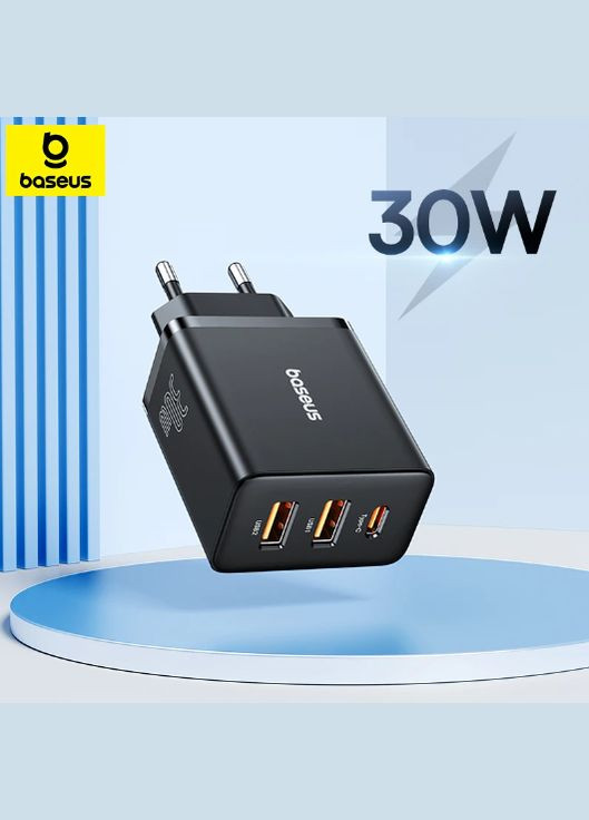 Мережевий зарядний пристрій Compact 30w PD 2xUSB-A USB-C ports charger black Baseus (301537944)