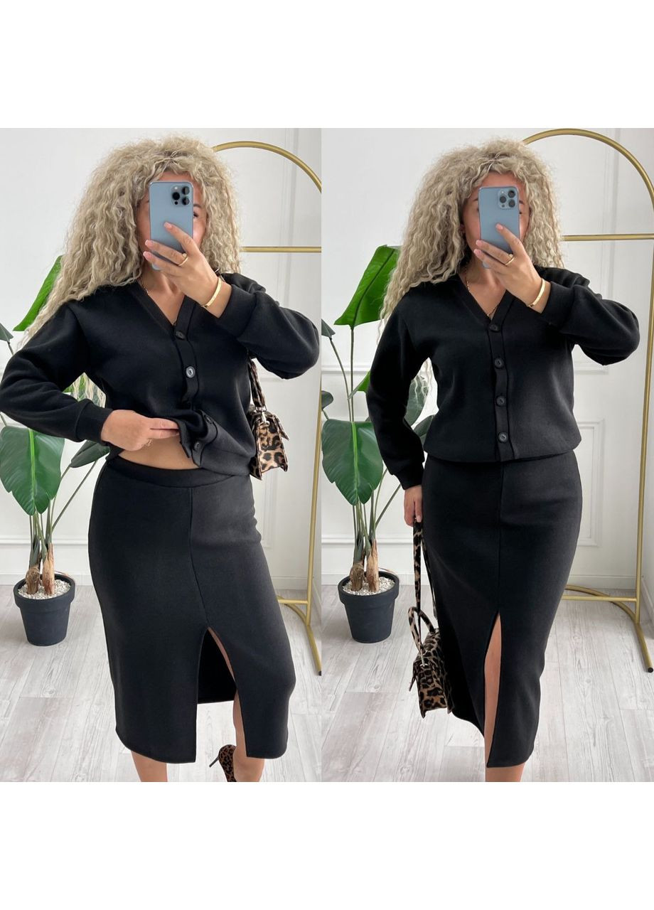 Жіночий костюм двійка з ангори: вкорочений кардиган та спідниця-міді з розрізом MonCher (361146203)